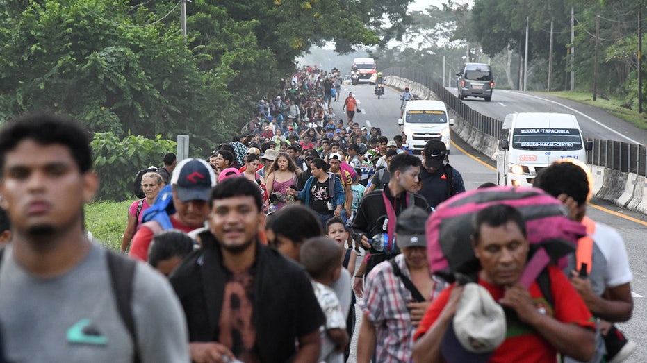 Large crowd of migrants walks along Mexican highway