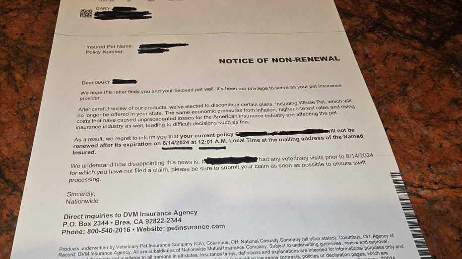Letter from Nationwide stating their policy is not renewed.
