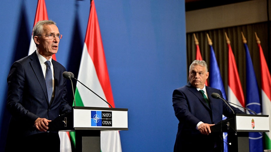 Hungarian Prime Minister Viktor Orban and NATO Secretary General Jens Stoltenberg stand behind podiums and in front of Hungary and NATO flags at a press conference in Budapest, Hungary, on June 12, 2024.