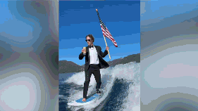Mark Zuckerberg rocks a tux while surfing, flying Old Glory