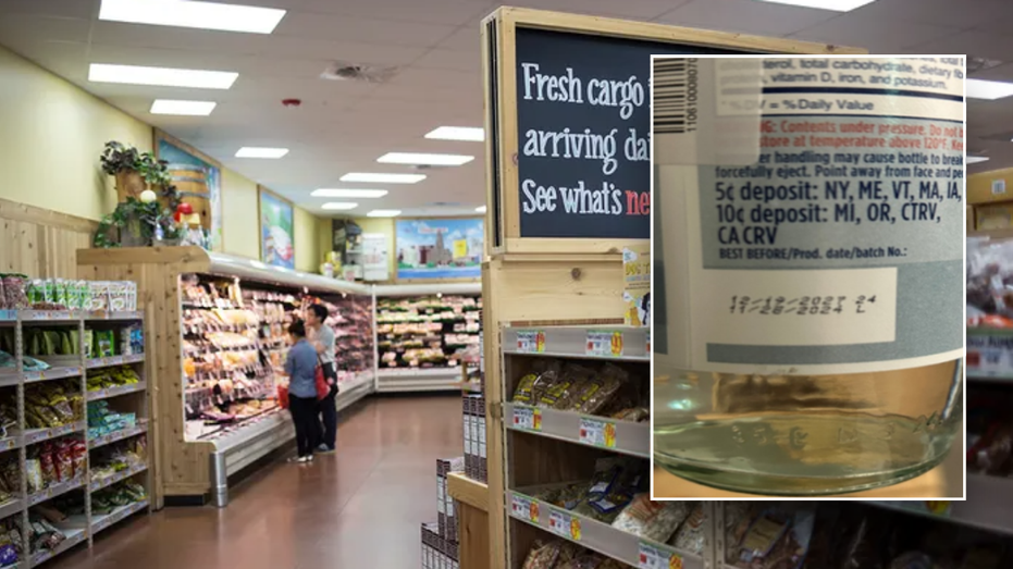SPlit image of Gerolsteiner Sparkling Water Bottle and TJ's store