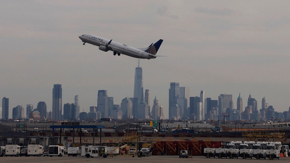 Plane against Newark skyline