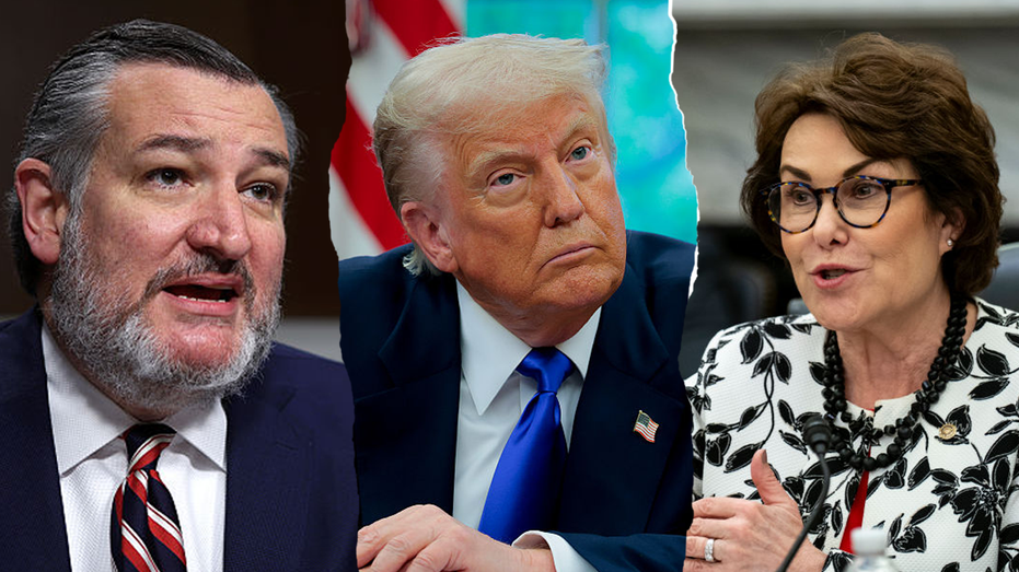 Ted Cruz wearing a blue suit jacket, Donald Trump wearing a blue tie and Jacky Rosen wearing a black and white jacket split image