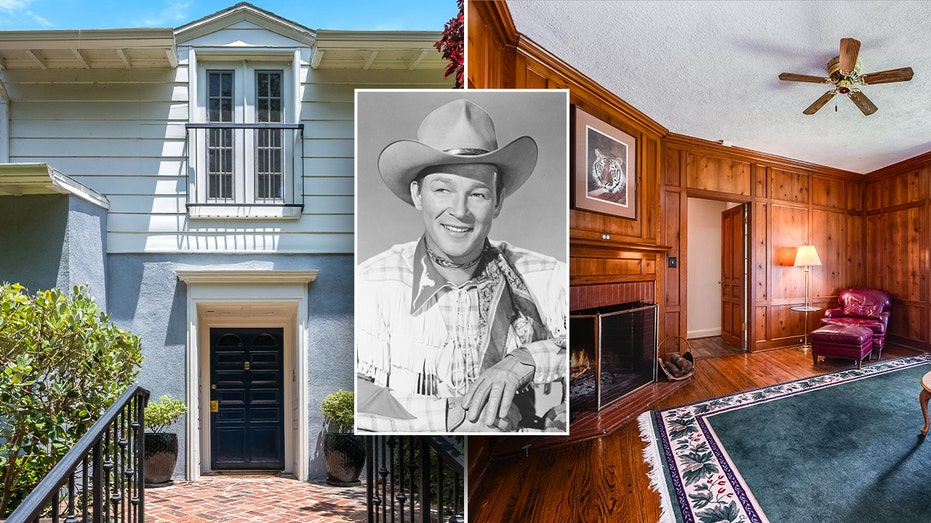 An inset of Roy Rogers over a split of the inside and outside of his home.
